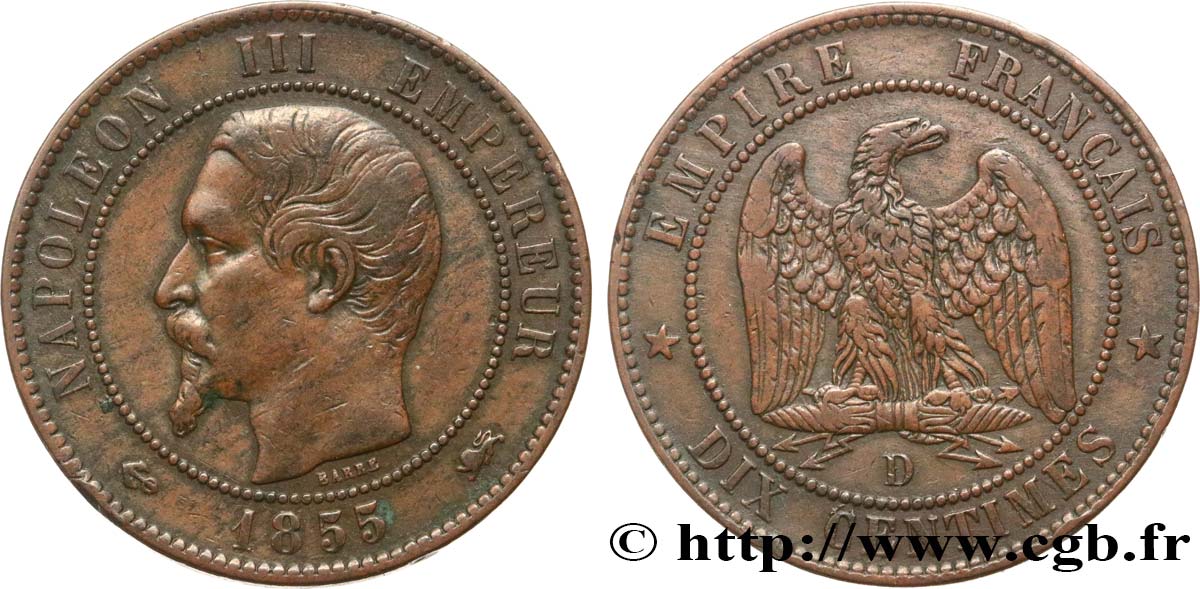 Dix centimes Napoléon III, tête nue 1855 Lyon F.133/26 VF35 