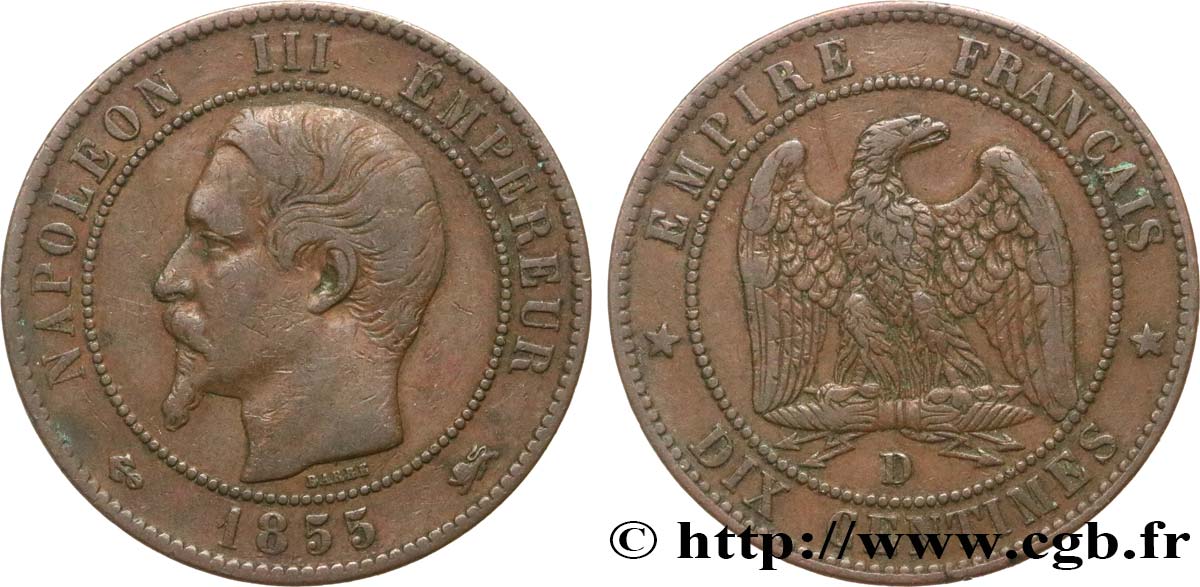Dix centimes Napoléon III, tête nue 1855 Lyon F.133/26 MB35 