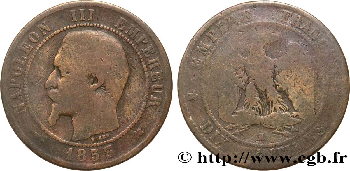 Dix centimes Napoléon III, tête nue 1853 Bordeaux F.133/7 SGE8 