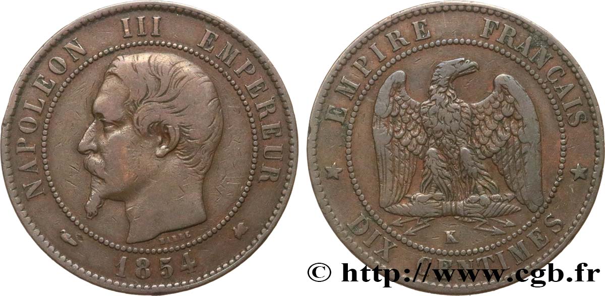 Dix centimes Napoléon III, tête nue 1854 Bordeaux F.133/16 MB30 