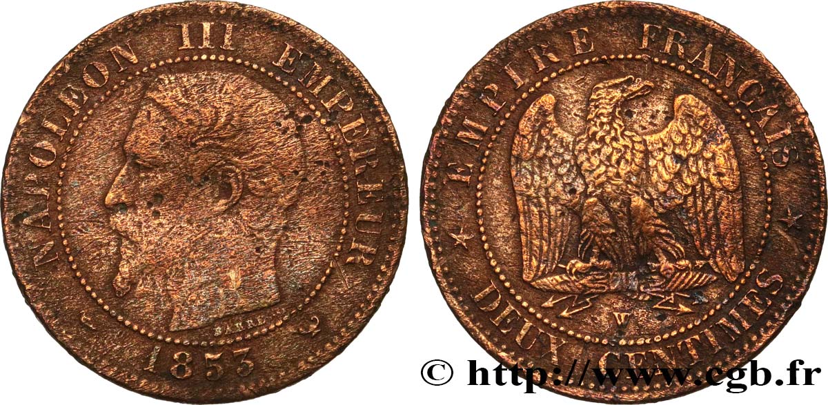 Deux centimes Napoléon III, tête nue 1853 Lille F.107/8 MB 