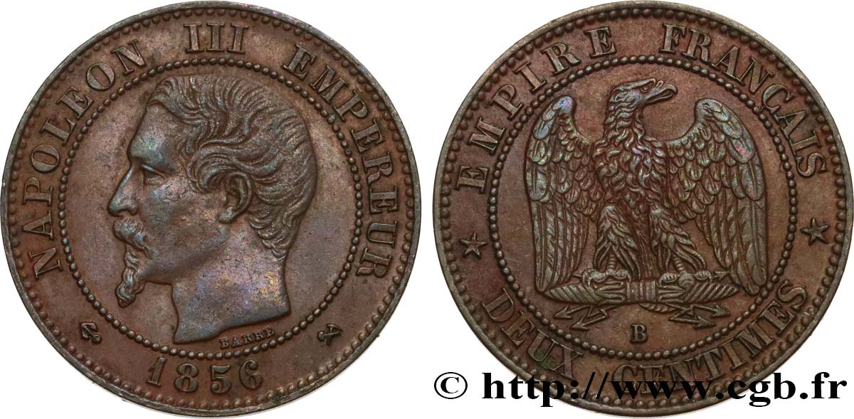 Deux centimes Napoléon III, tête nue 1856 Rouen F.107/39 MBC45 