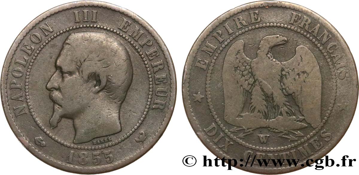 Dix centimes Napoléon III, tête nue 1855 Lille F.133/33 F12 