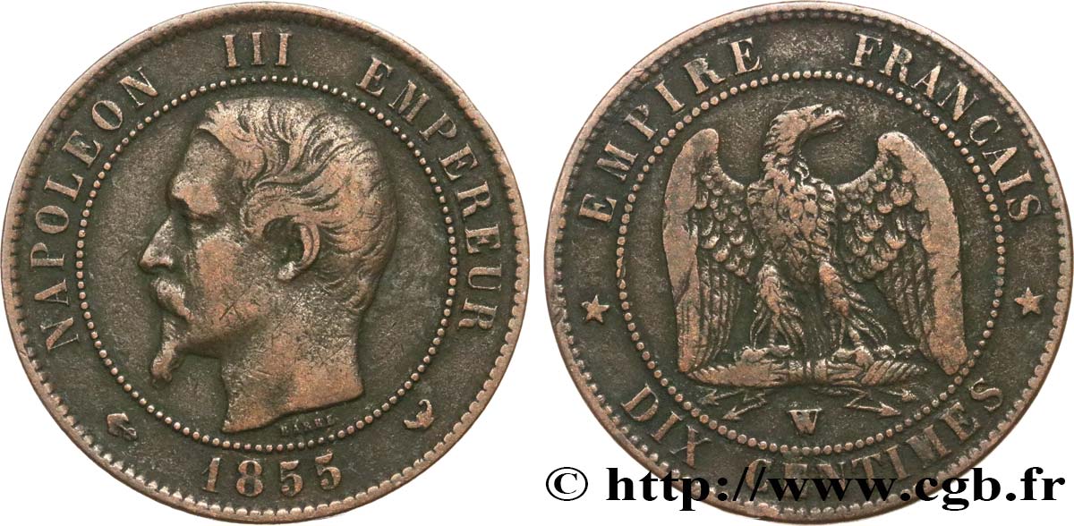 Dix centimes Napoléon III, tête nue 1855 Lille F.133/33 TB25 