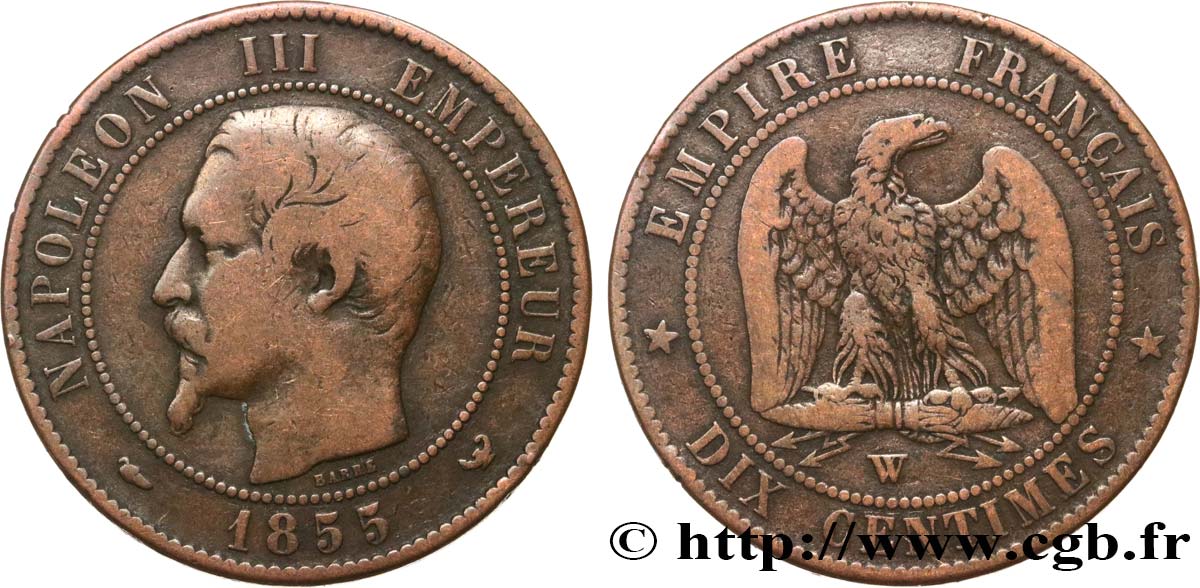 Dix centimes Napoléon III, tête nue 1855 Lille F.133/32 MB 