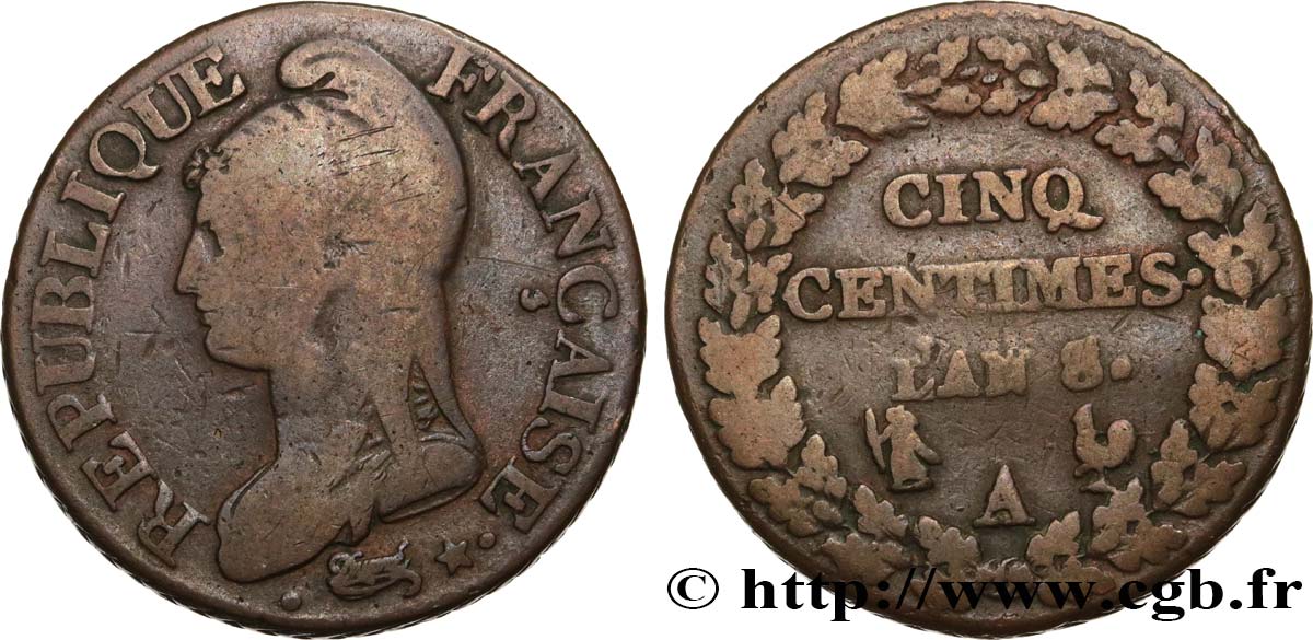 Cinq centimes Dupré, grand module 1800 Paris F.115/88 VF25 