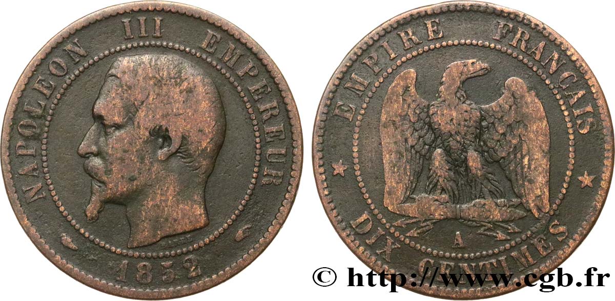 Dix centimes Napoléon III, tête nue 1852 Paris F.133/1 BC15 