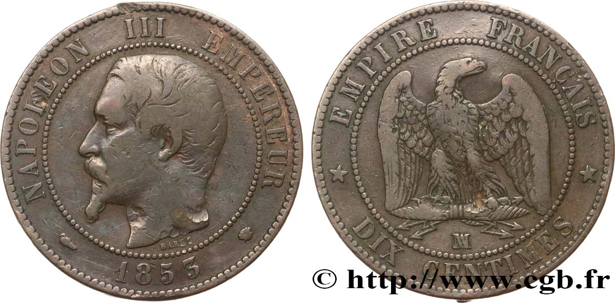 Dix Centimes Napoléon III tête nue 1853 Marseille F.133/8 VF25 