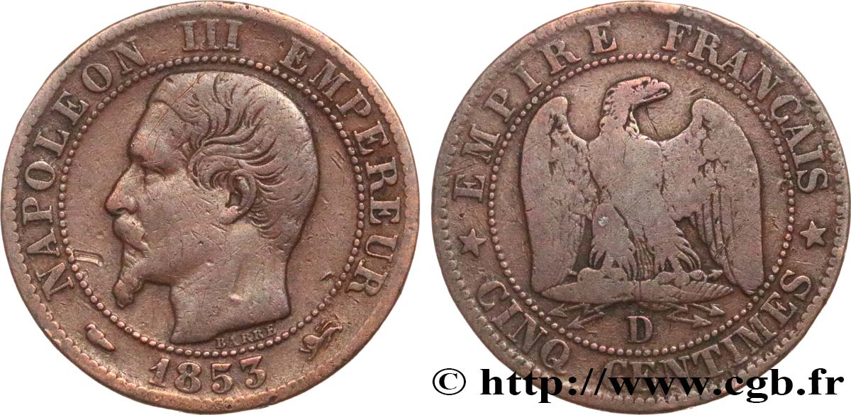 Cinq centimes Napoléon III, tête nue 1853 Lyon F.116/4 TB15 