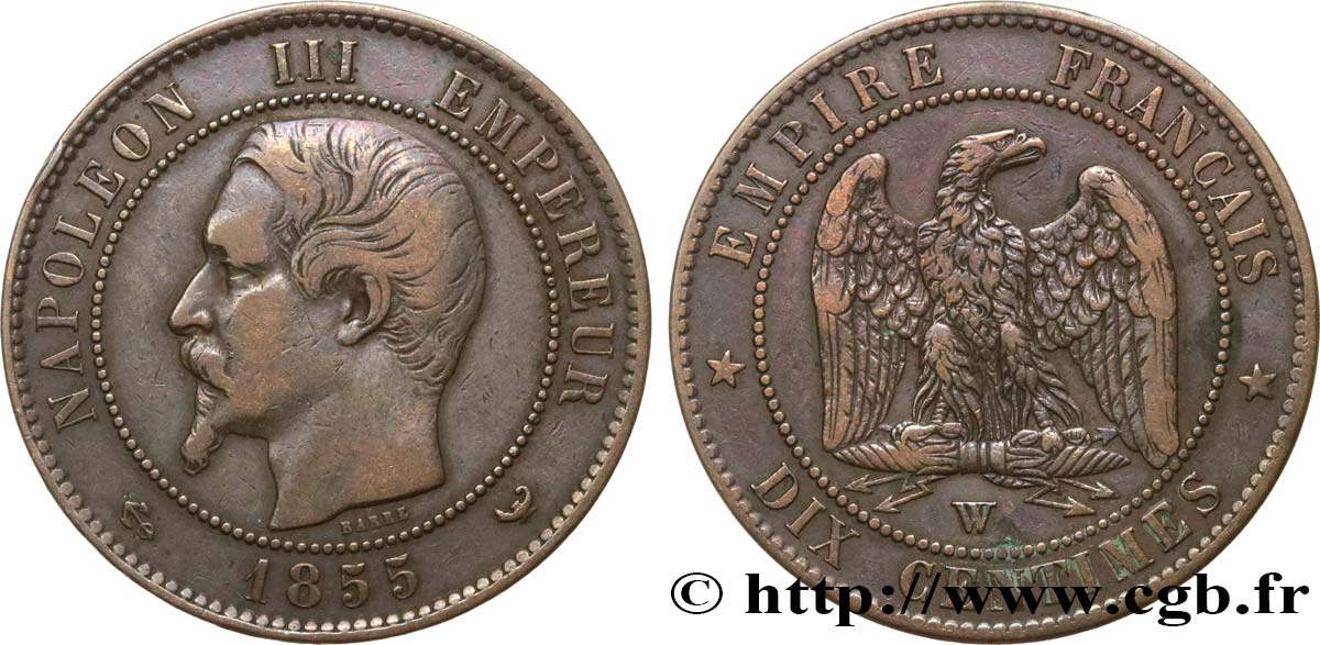 Dix centimes Napoléon III, tête nue 1855 Lille F.133/33 XF40 