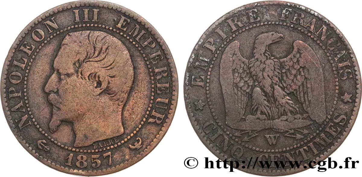 Cinq centimes Napoléon III, tête nue 1857 Lille F.116/43 BC15 