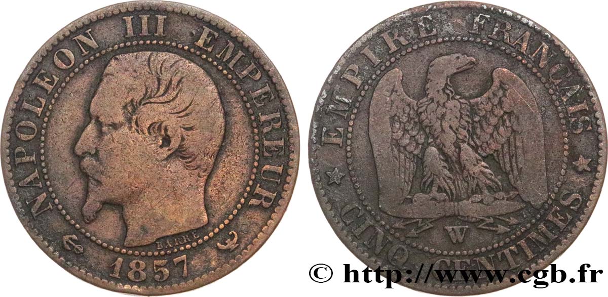 Cinq centimes Napoléon III, tête nue 1857 Lille F.116/43 MB15 