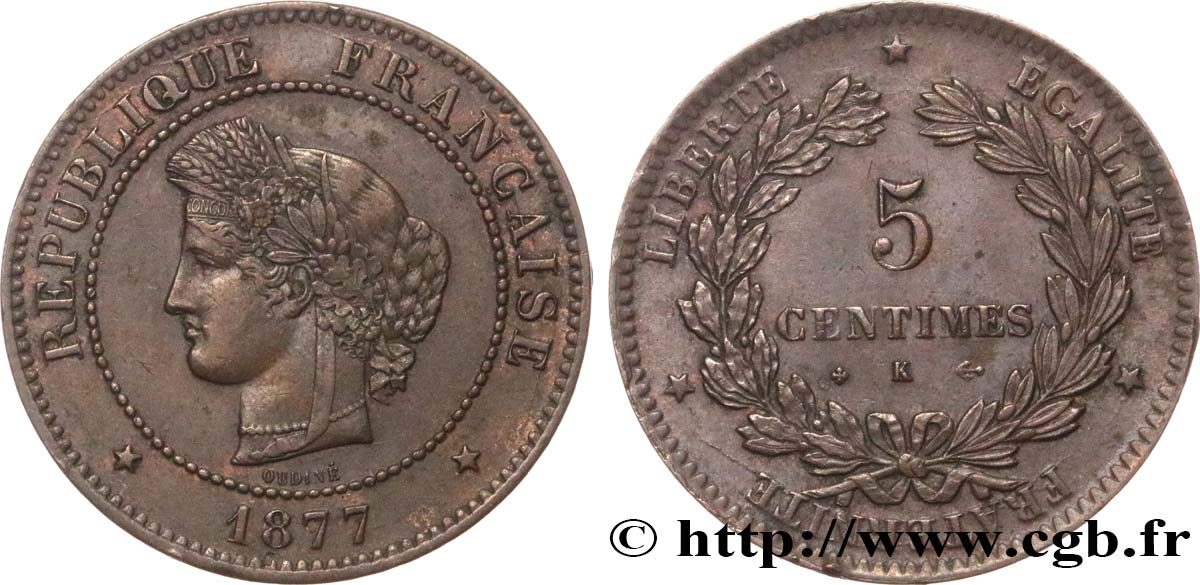 5 centimes Cérès 1877 Bordeaux F.118/16 SS50 