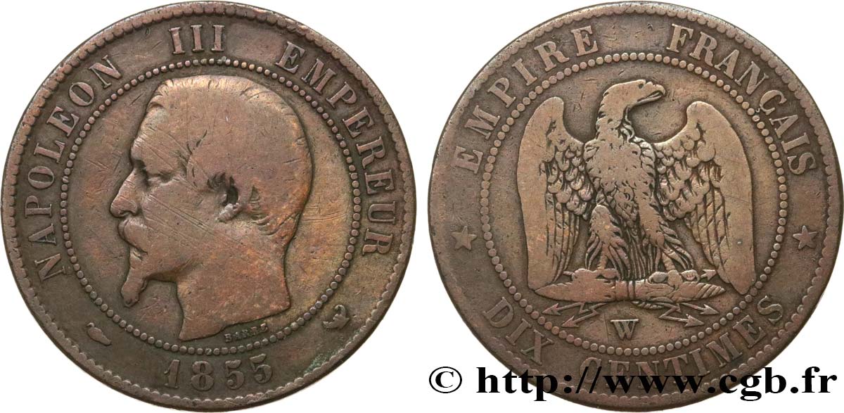Dix centimes Napoléon III, tête nue 1855 Lille F.133/32 F15 