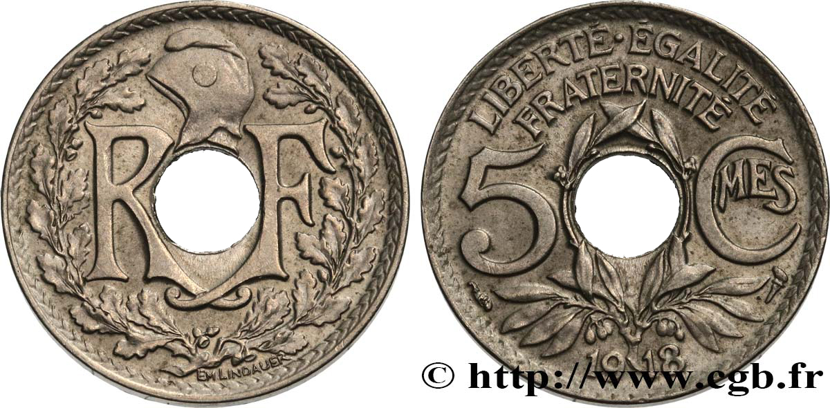 5 centimes Lindauer, grand module 1918 Paris F.121/2 AU50 