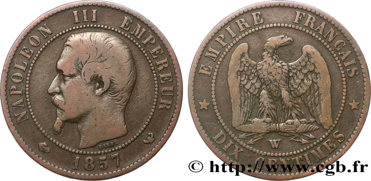 Dix centimes Napoléon III, tête nue 1857 Lille F.133/46 TB 
