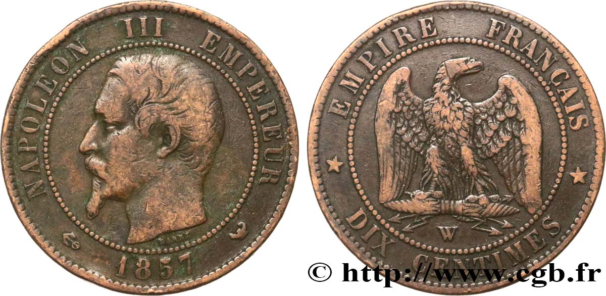 Dix centimes Napoléon III, tête nue 1857 Lille F.133/46 TB25 