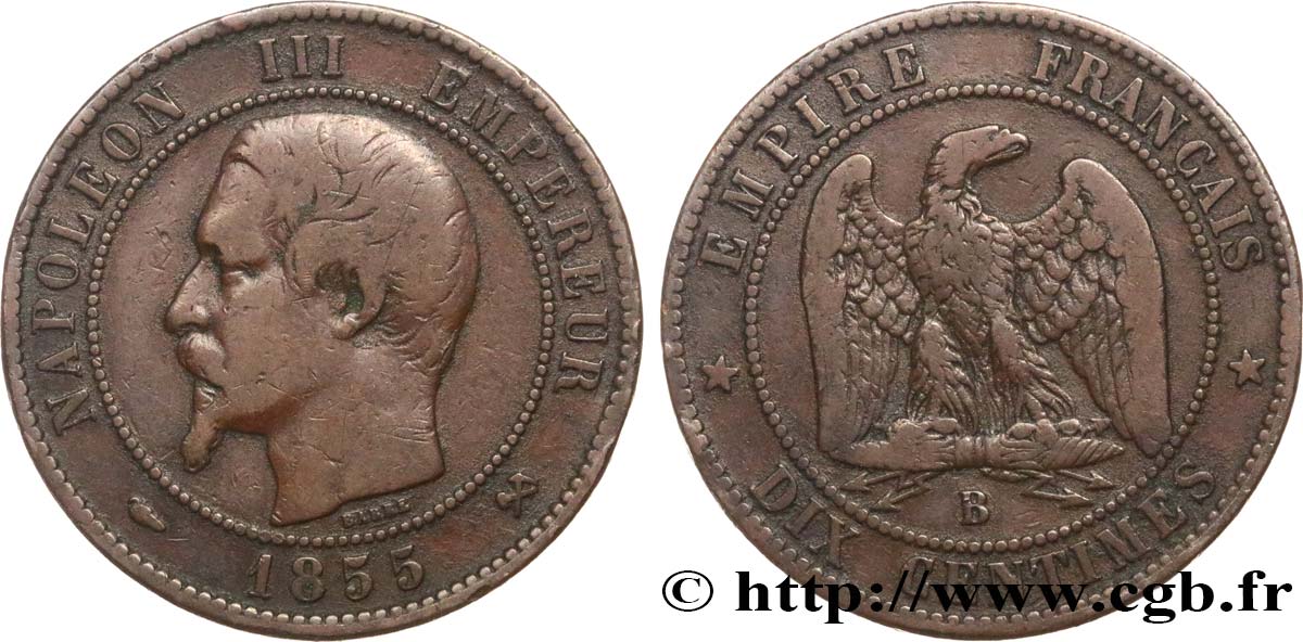 Dix centimes Napoléon III, tête nue 1855 Rouen F.133/21 S20 