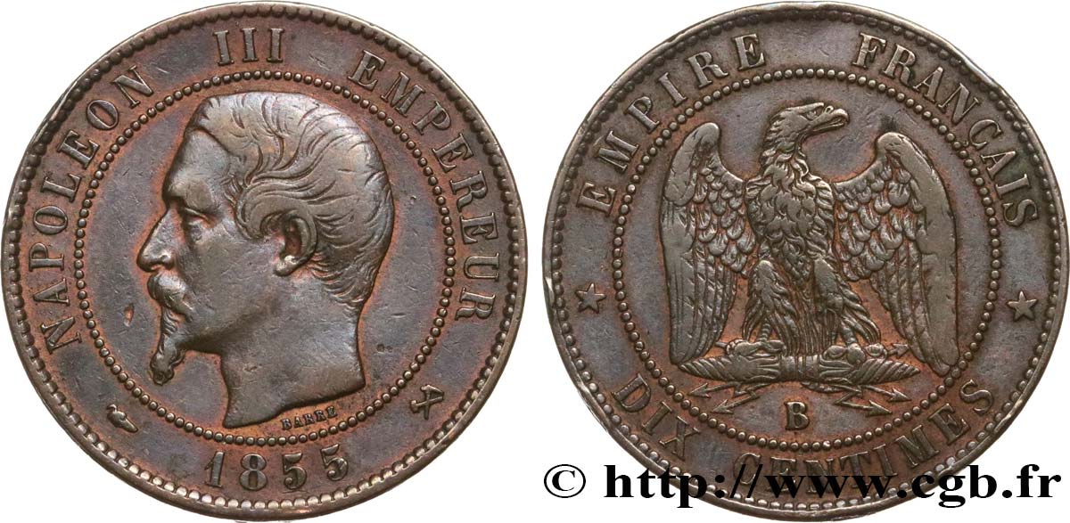 Dix centimes Napoléon III, tête nue 1855 Rouen F.133/21 TB35 
