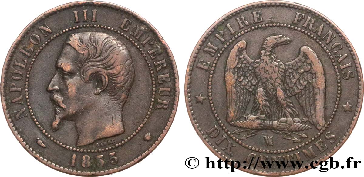 Dix centimes Napoléon III, tête nue, différent levrette 1855 Marseille F.133/30 TB35 