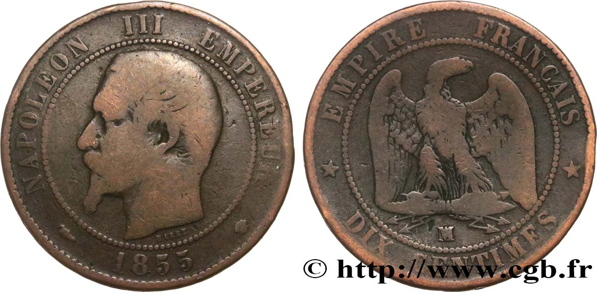 Dix centimes Napoléon III, tête nue, différent levrette 1855 Marseille F.133/30 B12 
