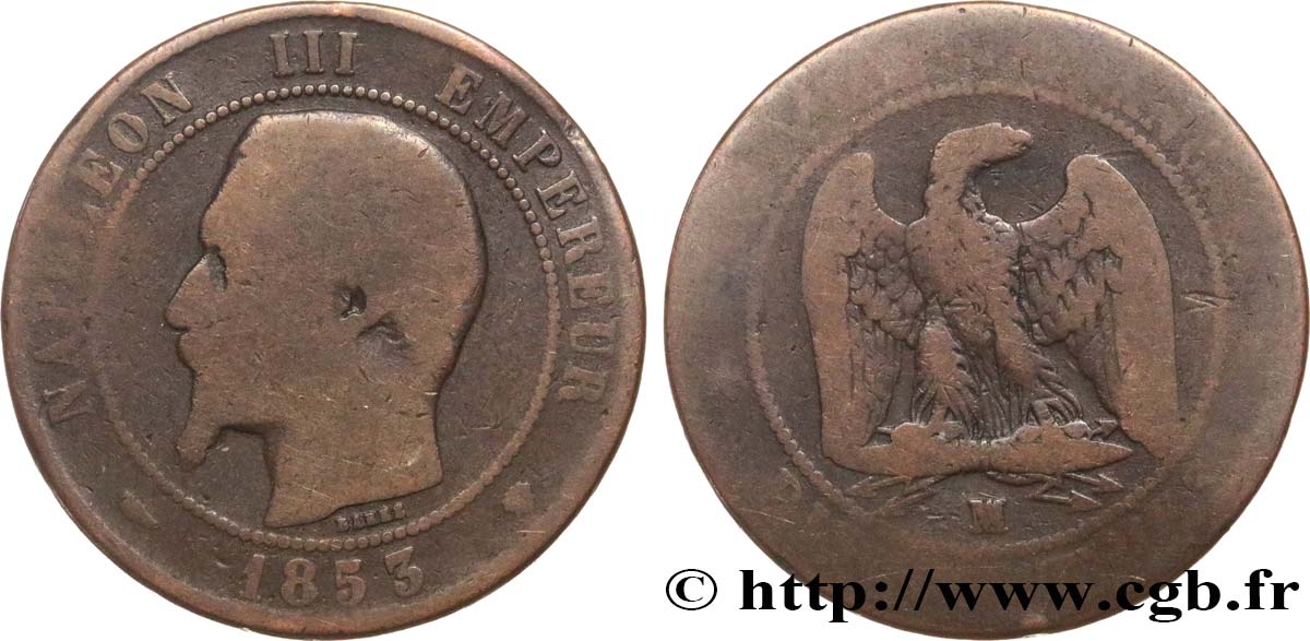 Dix Centimes Napoléon III tête nue 1853 Marseille F.133/8 VG8 