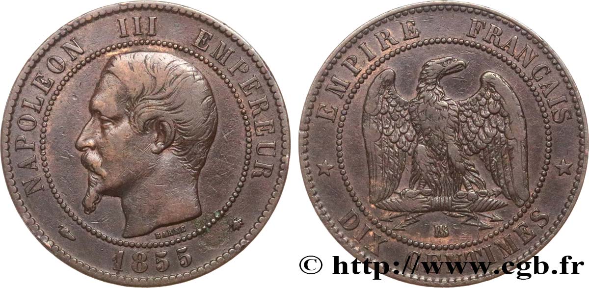Dix centimes Napoléon III, tête nue 1855 Strasbourg F.133/23 TB35 