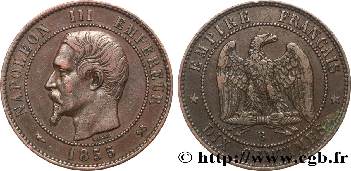 Dix centimes Napoléon III, tête nue 1855 Rouen F.133/21 MBC40 