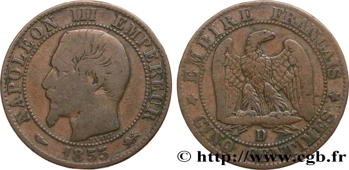Cinq centimes Napoléon III, tête nue 1855 Lyon F.116/22 MB20 