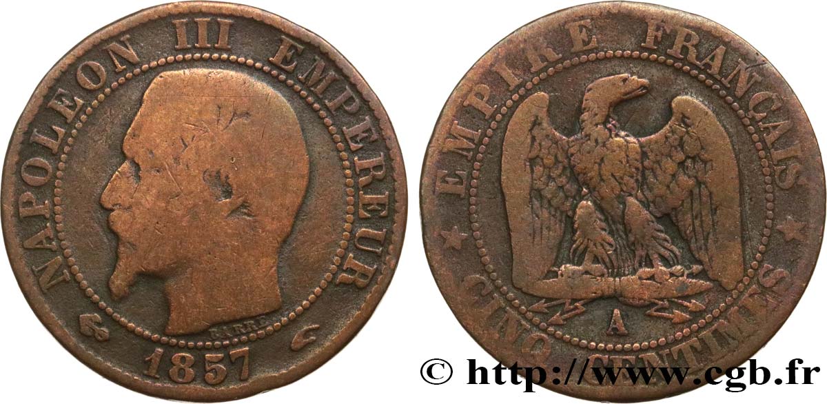 Cinq centimes Napoléon III, tête nue 1857 Paris F.116/37 TB 