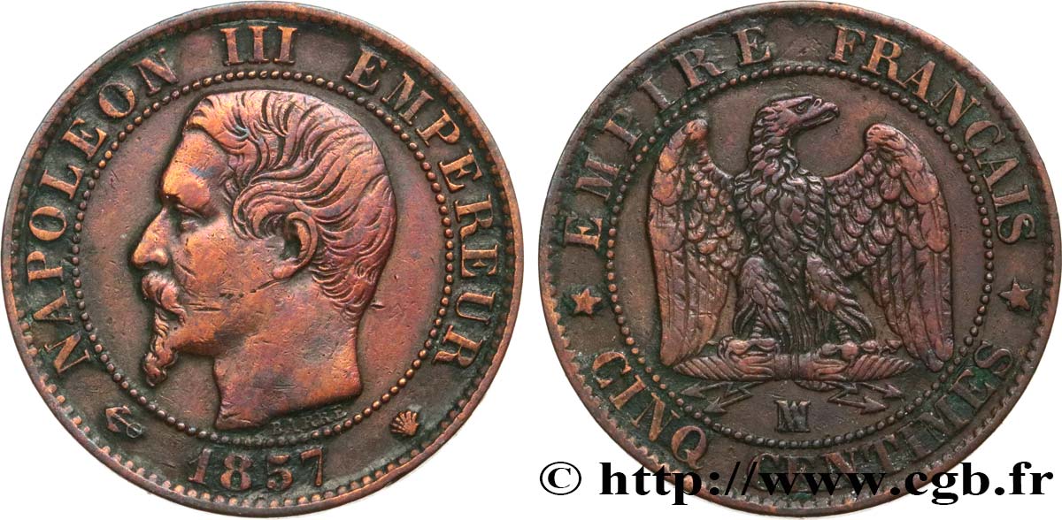 Cinq centimes Napoléon III, tête nue 1857 Marseille F.116/42 TB+ 