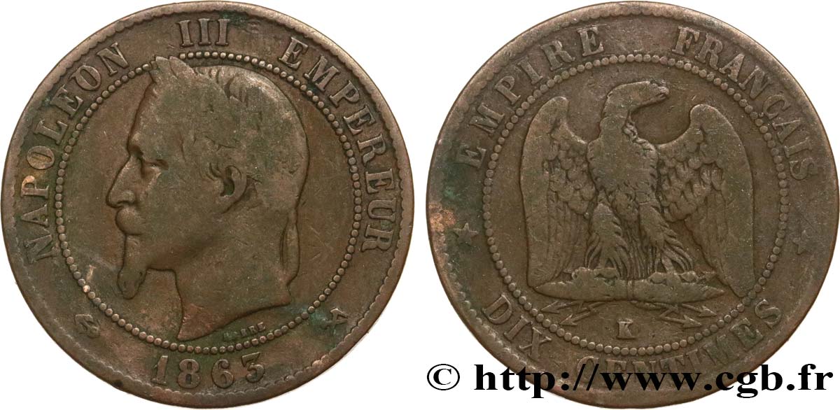 Dix centimes Napoléon III, tête laurée 1863 Bordeaux F.134/12 TB15 