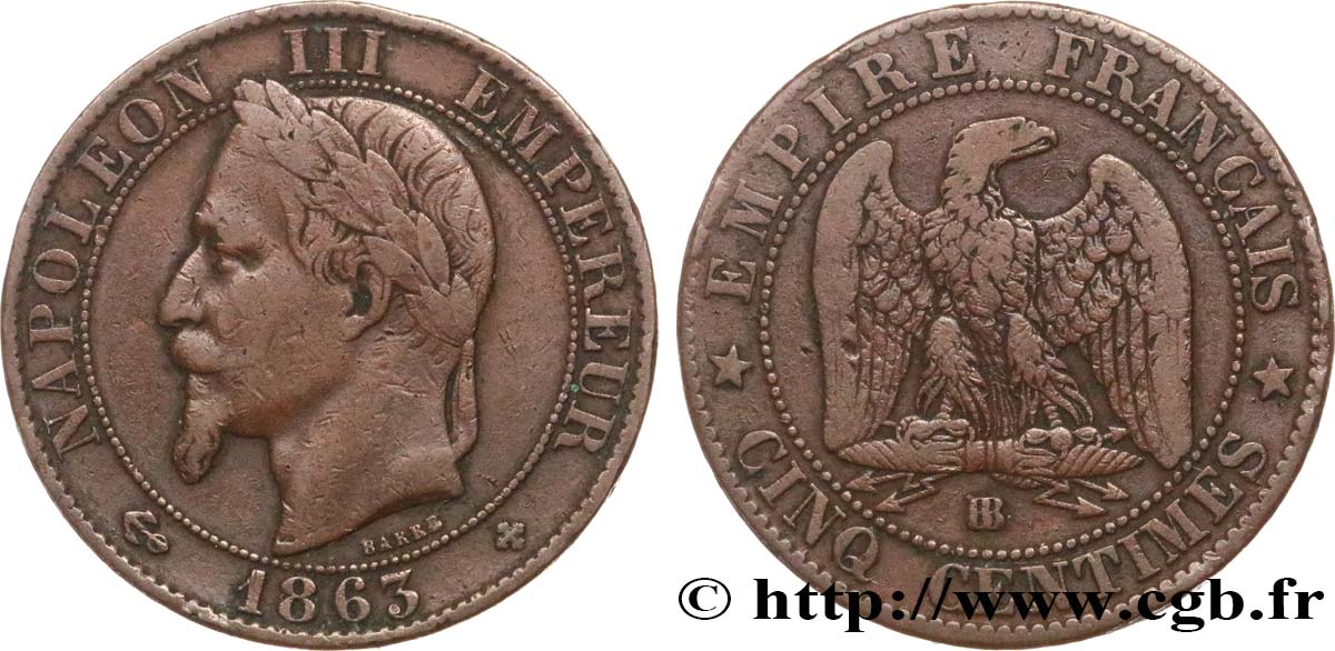Cinq centimes Napoléon III, tête laurée 1863 Strasbourg F.117/11 BC20 