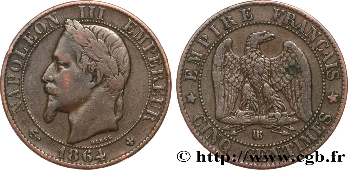 Cinq centimes Napoléon III, tête laurée 1864 Strasbourg F.117/14 MB25 