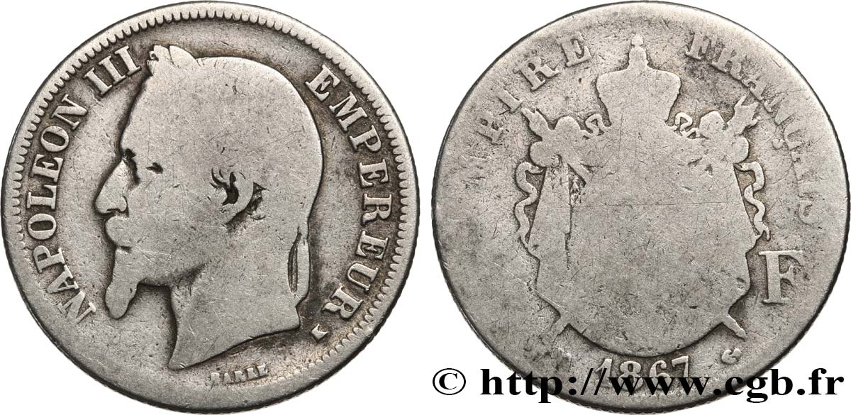 2 francs Napoléon III, tête laurée 1867 Bordeaux F.263/7 SGE6 