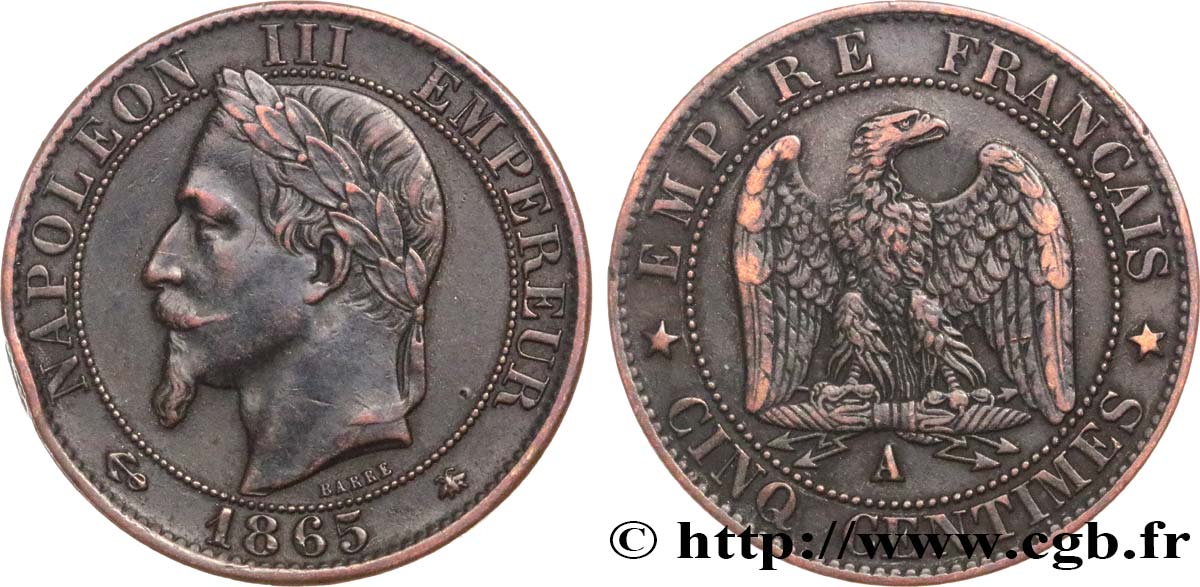 Cinq centimes Napoléon III, tête laurée 1865 Paris F.117/16 MBC45 