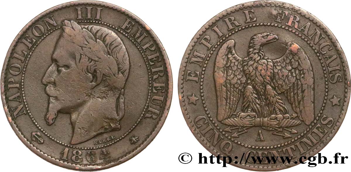 Cinq centimes Napoléon III, tête laurée 1864 Paris F.117/13 VF25 