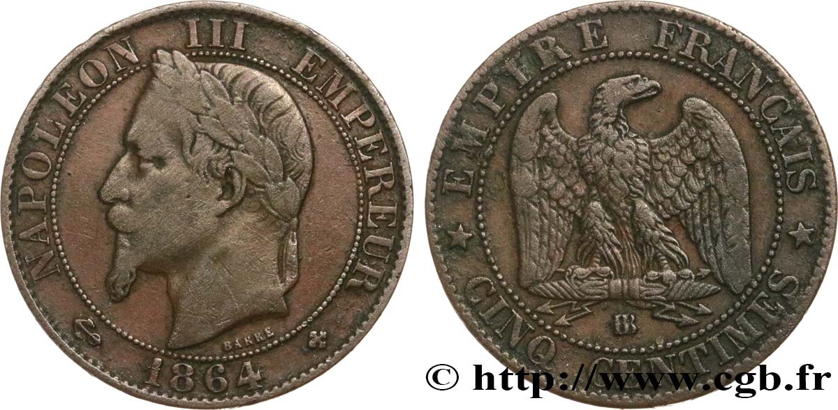 Cinq centimes Napoléon III, tête laurée 1864 Strasbourg F.117/14 BC 