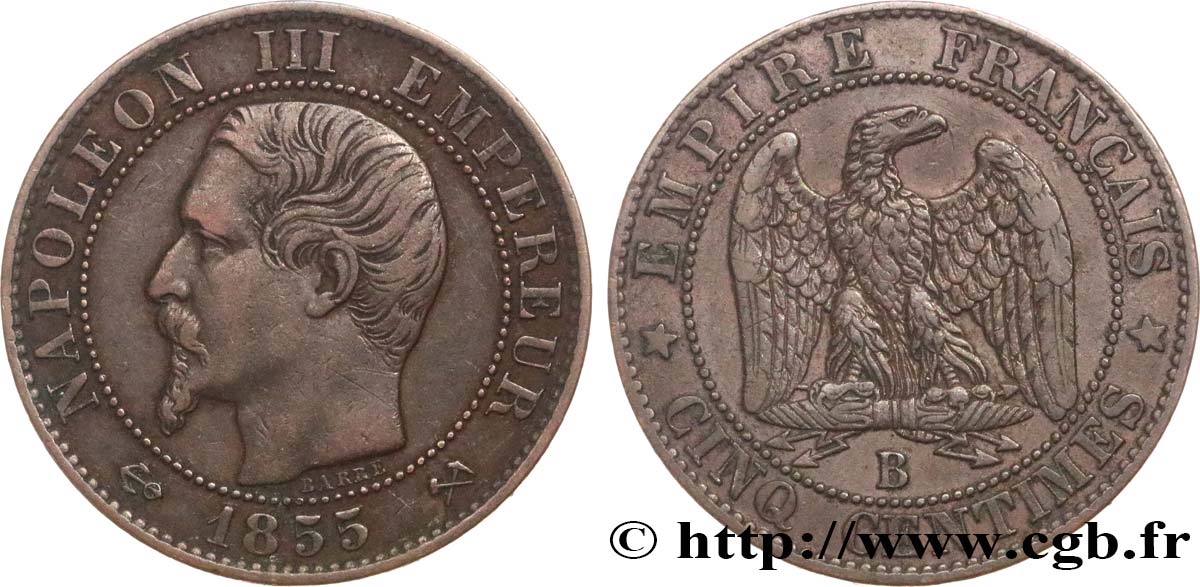 Cinq centimes Napoléon III, tête nue 1855 Rouen F.116/19 TTB45 
