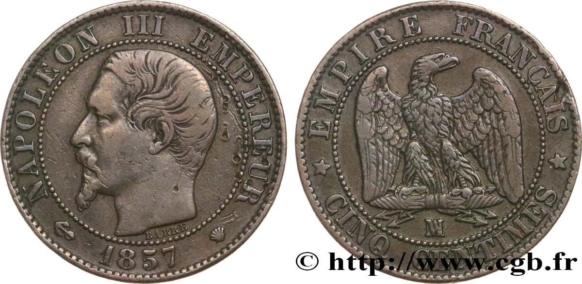 Cinq centimes Napoléon III, tête nue 1857 Marseille F.116/42 BB40 