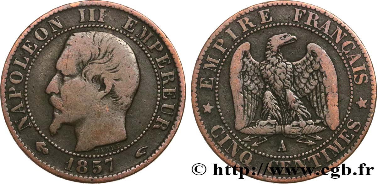 Cinq centimes Napoléon III, tête nue 1857 Paris F.116/37 S 