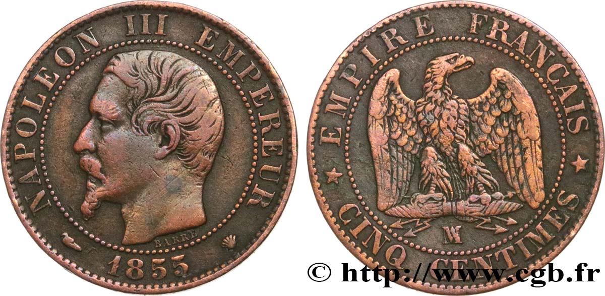Cinq centimes Napoléon III, tête nue 1855 Marseille F.116/26 TB+ 