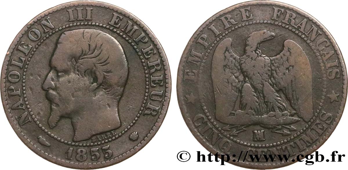 Cinq centimes Napoléon III, tête nue 1855 Marseille F.116/26 F12 