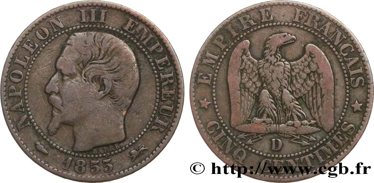 Cinq centimes Napoléon III, tête nue 1855 Lyon F.116/22 VF20 