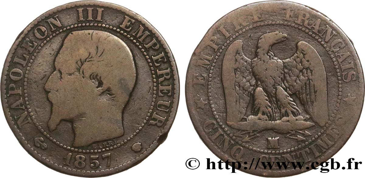 Cinq centimes Napoléon III, tête nue 1857 Marseille F.116/42 VG10 