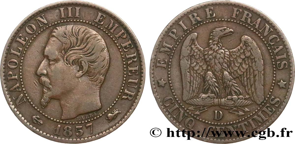 Cinq centimes Napoléon III, tête nue 1857 Lyon F.116/40 VF35 