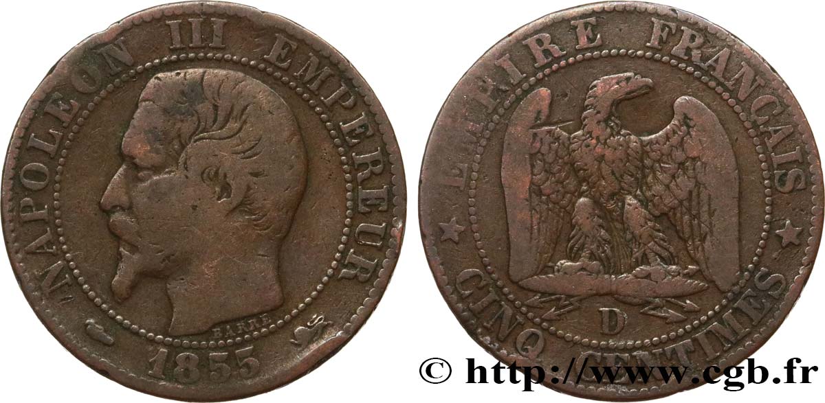 Cinq centimes Napoléon III, tête nue 1855 Lyon F.116/22 TB15 