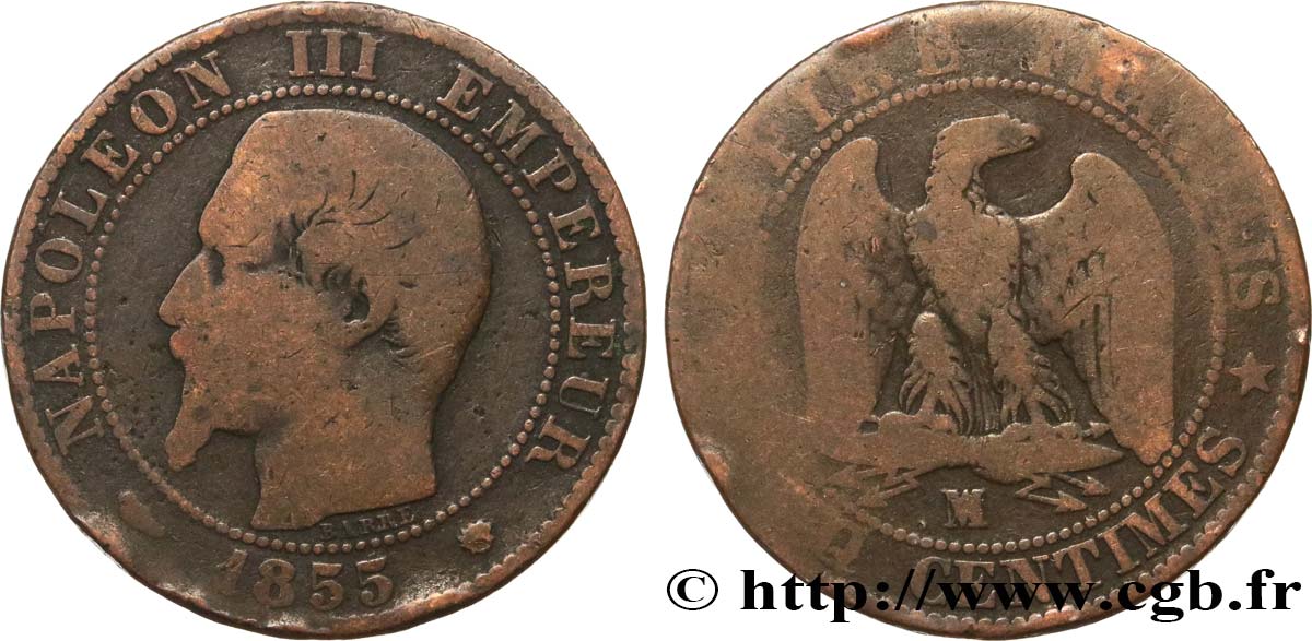 Cinq centimes Napoléon III, tête nue 1855 Marseille F.116/26 B10 