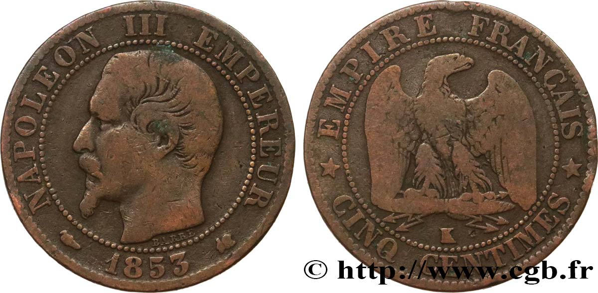 Cinq centimes Napoléon III, tête nue 1853 Bordeaux F.116/5 RC12 