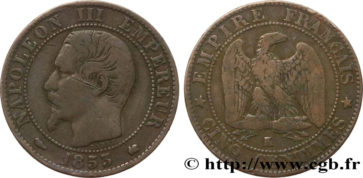 Cinq centimes Napoléon III, tête nue 1853 Bordeaux F.116/5 MB20 